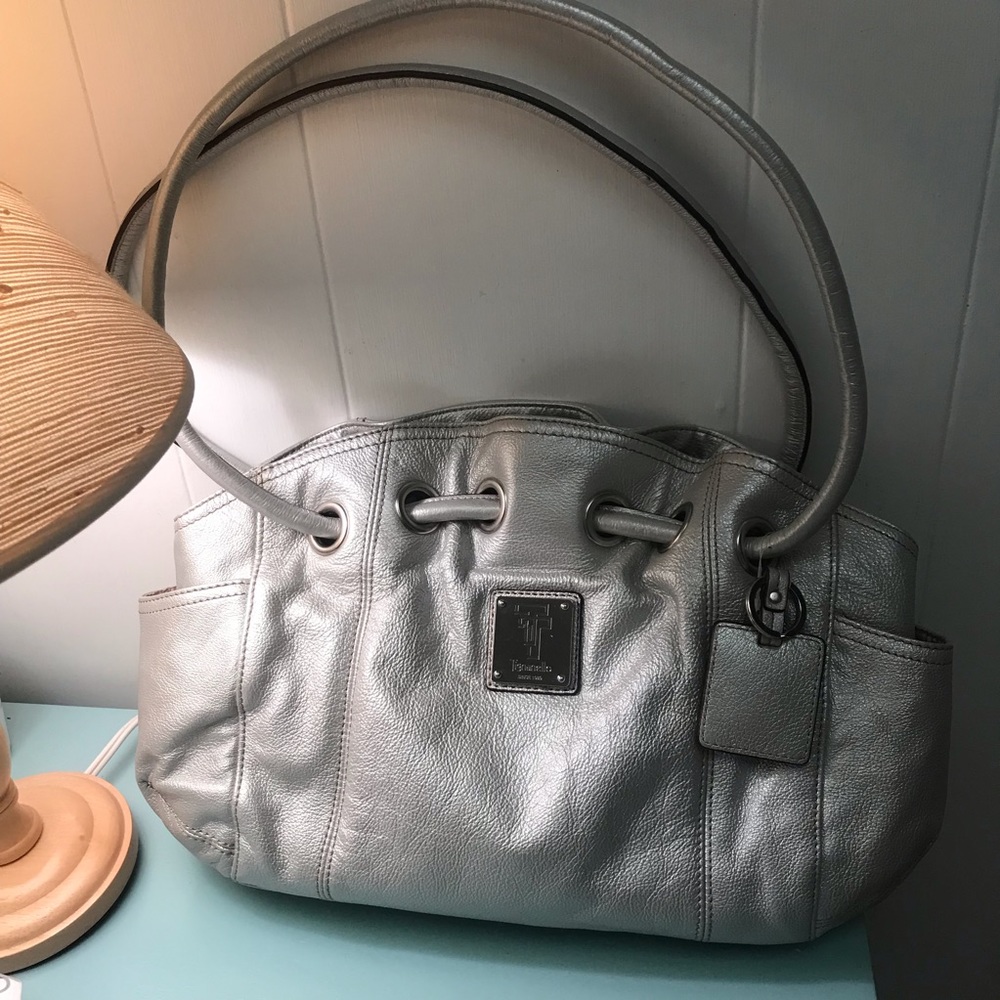 Tignanello silver metallic leather bag NWOT